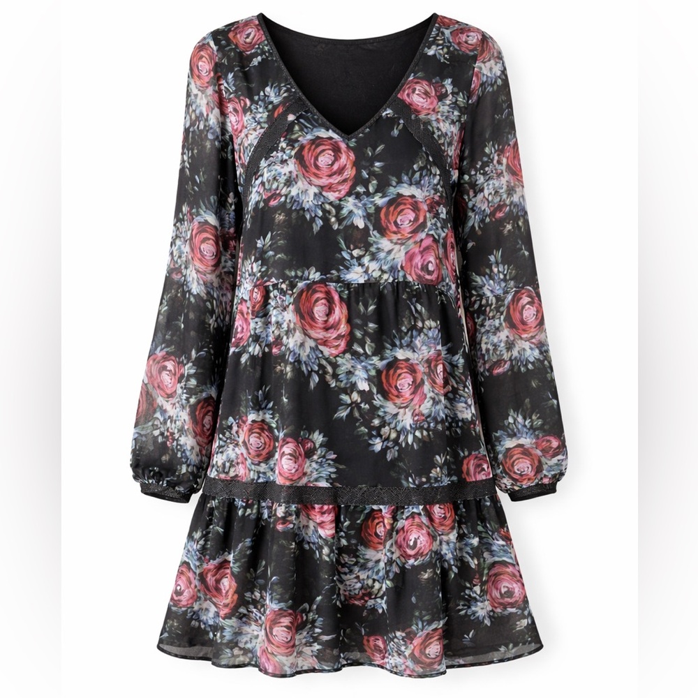 Anthropologie Maeve Floral Chiffon Babydoll Dress Women S Long Sleeve Tiered